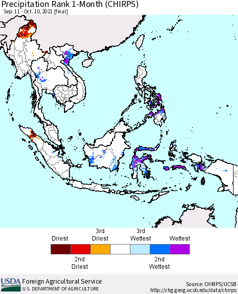 South East Asia Precipitation Rank since 1981, 1-Month (CHIRPS) Thematic Map For 9/11/2021 - 10/10/2021