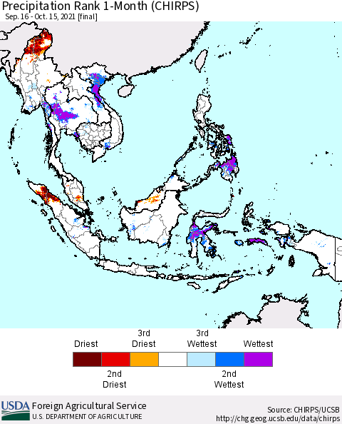 South East Asia Precipitation Rank since 1981, 1-Month (CHIRPS) Thematic Map For 9/16/2021 - 10/15/2021