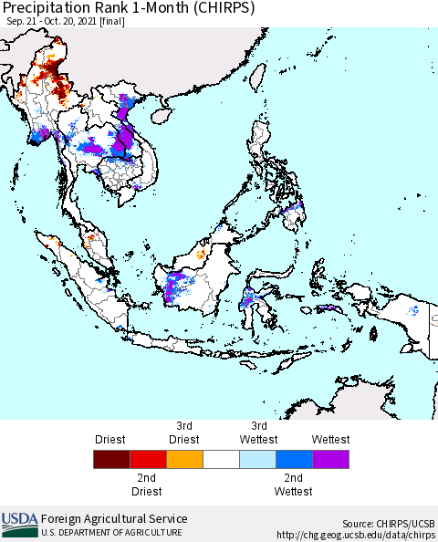 South East Asia Precipitation Rank since 1981, 1-Month (CHIRPS) Thematic Map For 9/21/2021 - 10/20/2021