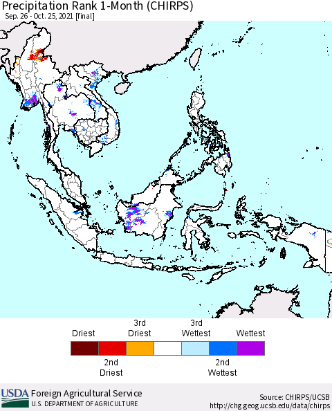 South East Asia Precipitation Rank since 1981, 1-Month (CHIRPS) Thematic Map For 9/26/2021 - 10/25/2021
