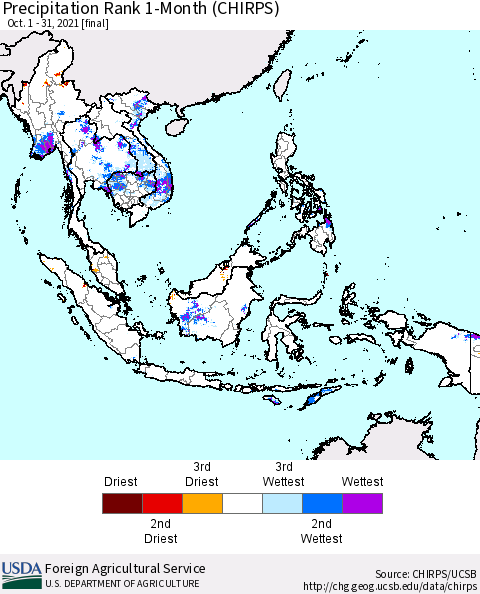 South East Asia Precipitation Rank since 1981, 1-Month (CHIRPS) Thematic Map For 10/1/2021 - 10/31/2021