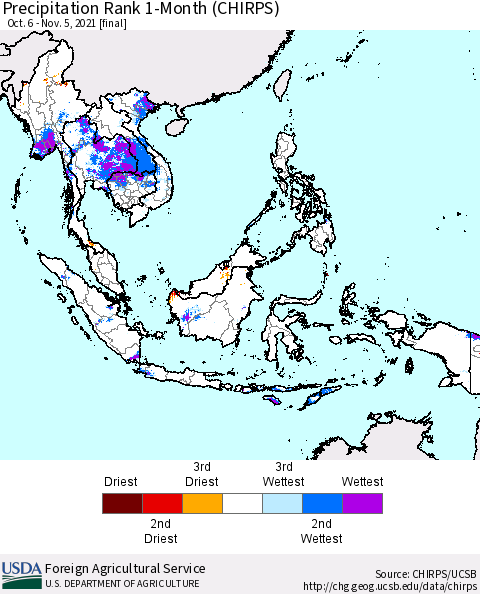 South East Asia Precipitation Rank since 1981, 1-Month (CHIRPS) Thematic Map For 10/6/2021 - 11/5/2021