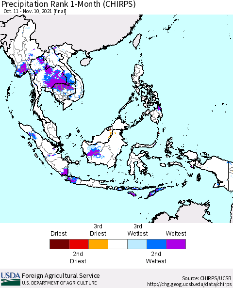 South East Asia Precipitation Rank since 1981, 1-Month (CHIRPS) Thematic Map For 10/11/2021 - 11/10/2021