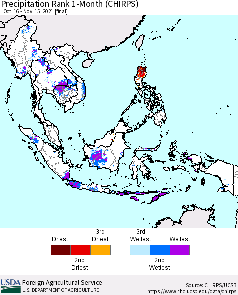 South East Asia Precipitation Rank since 1981, 1-Month (CHIRPS) Thematic Map For 10/16/2021 - 11/15/2021