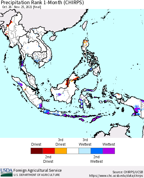 South East Asia Precipitation Rank since 1981, 1-Month (CHIRPS) Thematic Map For 10/26/2021 - 11/25/2021