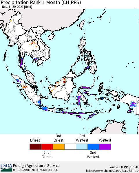 South East Asia Precipitation Rank since 1981, 1-Month (CHIRPS) Thematic Map For 11/1/2021 - 11/30/2021