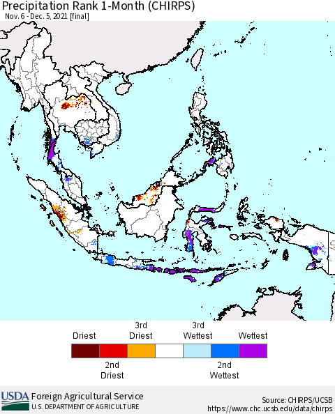 South East Asia Precipitation Rank since 1981, 1-Month (CHIRPS) Thematic Map For 11/6/2021 - 12/5/2021