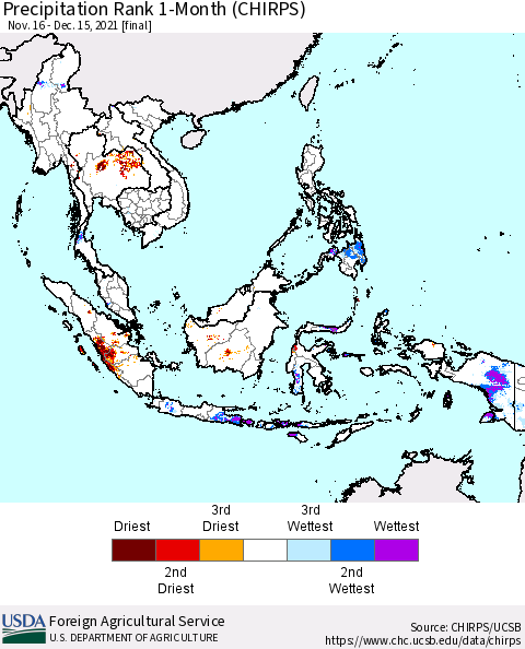 South East Asia Precipitation Rank since 1981, 1-Month (CHIRPS) Thematic Map For 11/16/2021 - 12/15/2021