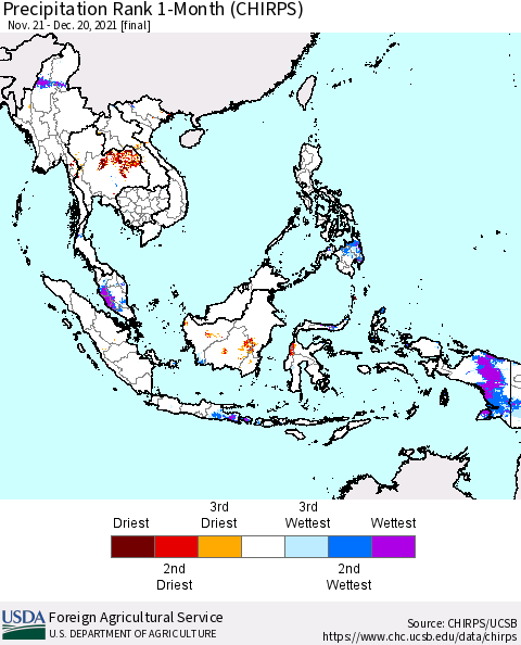 South East Asia Precipitation Rank since 1981, 1-Month (CHIRPS) Thematic Map For 11/21/2021 - 12/20/2021