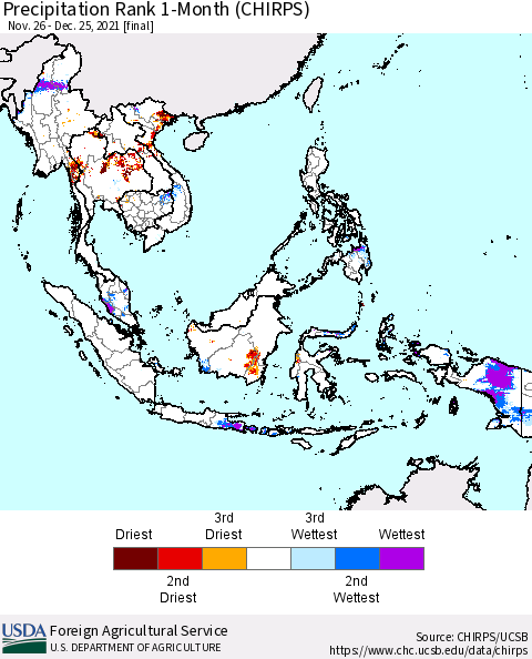 South East Asia Precipitation Rank since 1981, 1-Month (CHIRPS) Thematic Map For 11/26/2021 - 12/25/2021
