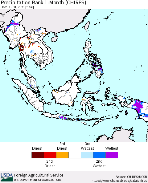 South East Asia Precipitation Rank since 1981, 1-Month (CHIRPS) Thematic Map For 12/1/2021 - 12/31/2021
