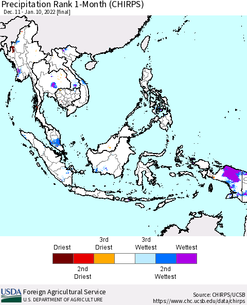 South East Asia Precipitation Rank since 1981, 1-Month (CHIRPS) Thematic Map For 12/11/2021 - 1/10/2022