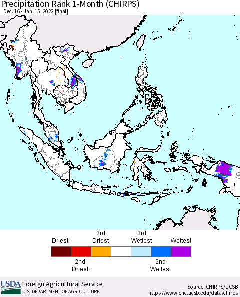 South East Asia Precipitation Rank since 1981, 1-Month (CHIRPS) Thematic Map For 12/16/2021 - 1/15/2022