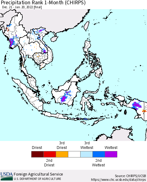 South East Asia Precipitation Rank since 1981, 1-Month (CHIRPS) Thematic Map For 12/21/2021 - 1/20/2022