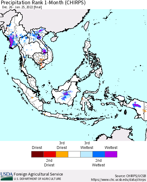 South East Asia Precipitation Rank since 1981, 1-Month (CHIRPS) Thematic Map For 12/26/2021 - 1/25/2022