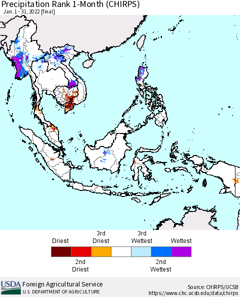 South East Asia Precipitation Rank since 1981, 1-Month (CHIRPS) Thematic Map For 1/1/2022 - 1/31/2022