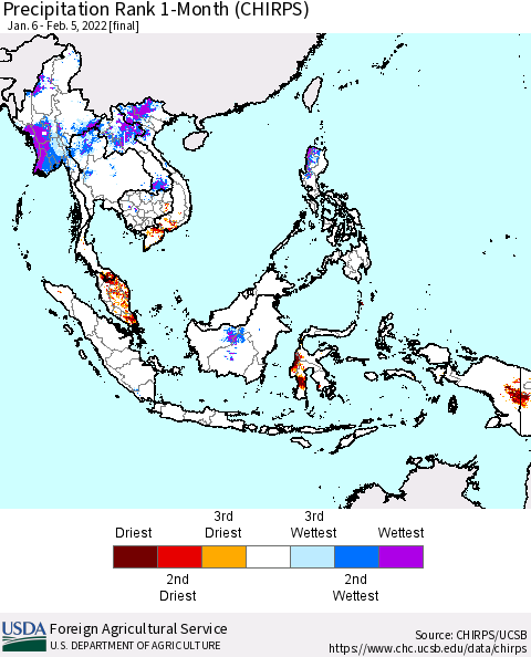South East Asia Precipitation Rank since 1981, 1-Month (CHIRPS) Thematic Map For 1/6/2022 - 2/5/2022