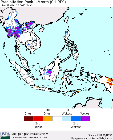 South East Asia Precipitation Rank since 1981, 1-Month (CHIRPS) Thematic Map For 1/11/2022 - 2/10/2022