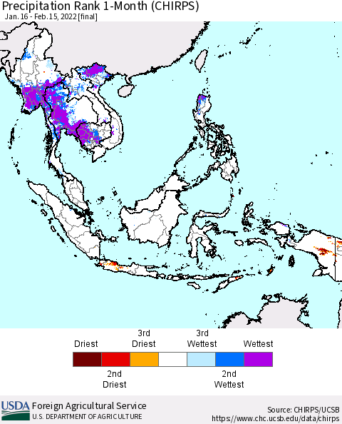 South East Asia Precipitation Rank since 1981, 1-Month (CHIRPS) Thematic Map For 1/16/2022 - 2/15/2022