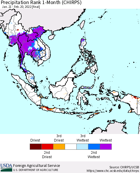 South East Asia Precipitation Rank since 1981, 1-Month (CHIRPS) Thematic Map For 1/21/2022 - 2/20/2022