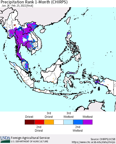 South East Asia Precipitation Rank since 1981, 1-Month (CHIRPS) Thematic Map For 1/26/2022 - 2/25/2022