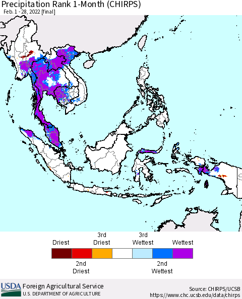 South East Asia Precipitation Rank since 1981, 1-Month (CHIRPS) Thematic Map For 2/1/2022 - 2/28/2022