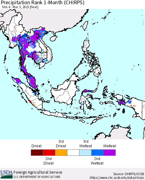 South East Asia Precipitation Rank since 1981, 1-Month (CHIRPS) Thematic Map For 2/6/2022 - 3/5/2022