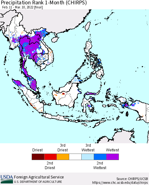 South East Asia Precipitation Rank since 1981, 1-Month (CHIRPS) Thematic Map For 2/11/2022 - 3/10/2022