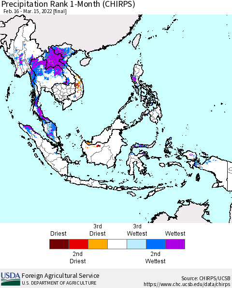 South East Asia Precipitation Rank since 1981, 1-Month (CHIRPS) Thematic Map For 2/16/2022 - 3/15/2022