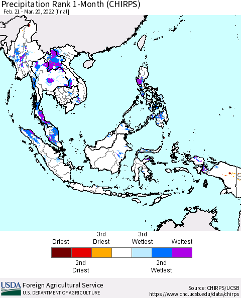 South East Asia Precipitation Rank since 1981, 1-Month (CHIRPS) Thematic Map For 2/21/2022 - 3/20/2022