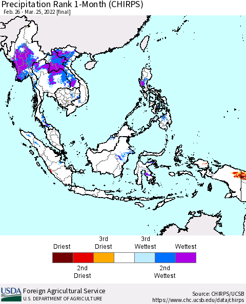 South East Asia Precipitation Rank since 1981, 1-Month (CHIRPS) Thematic Map For 2/26/2022 - 3/25/2022