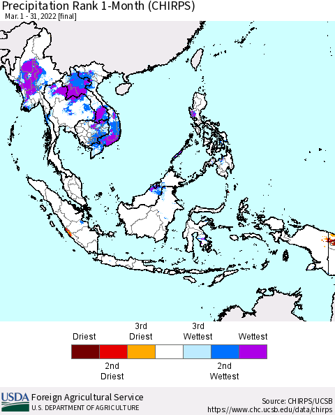 South East Asia Precipitation Rank since 1981, 1-Month (CHIRPS) Thematic Map For 3/1/2022 - 3/31/2022