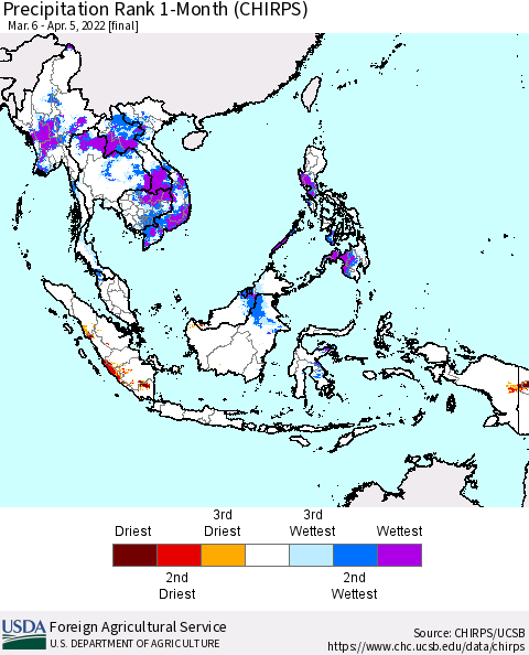 South East Asia Precipitation Rank since 1981, 1-Month (CHIRPS) Thematic Map For 3/6/2022 - 4/5/2022