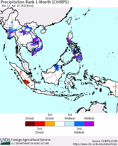 South East Asia Precipitation Rank since 1981, 1-Month (CHIRPS) Thematic Map For 3/11/2022 - 4/10/2022