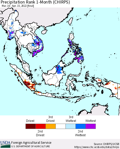 South East Asia Precipitation Rank since 1981, 1-Month (CHIRPS) Thematic Map For 3/16/2022 - 4/15/2022
