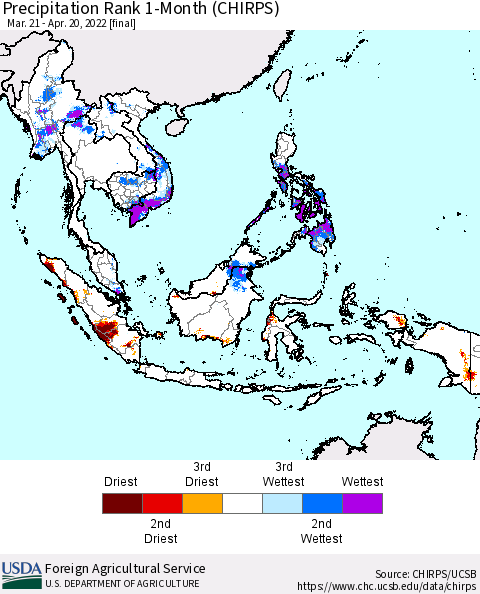 South East Asia Precipitation Rank since 1981, 1-Month (CHIRPS) Thematic Map For 3/21/2022 - 4/20/2022
