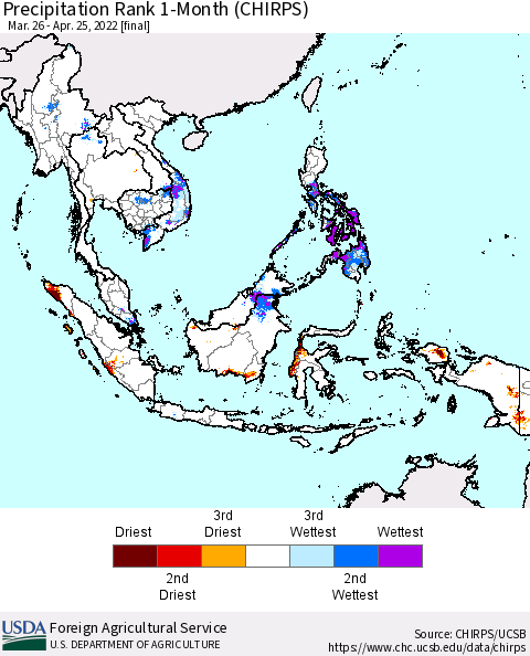 South East Asia Precipitation Rank since 1981, 1-Month (CHIRPS) Thematic Map For 3/26/2022 - 4/25/2022