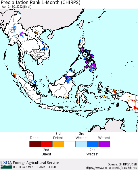 South East Asia Precipitation Rank since 1981, 1-Month (CHIRPS) Thematic Map For 4/1/2022 - 4/30/2022
