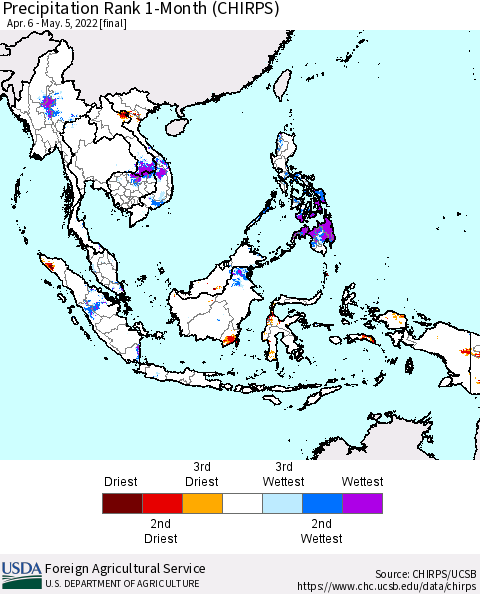 South East Asia Precipitation Rank since 1981, 1-Month (CHIRPS) Thematic Map For 4/6/2022 - 5/5/2022