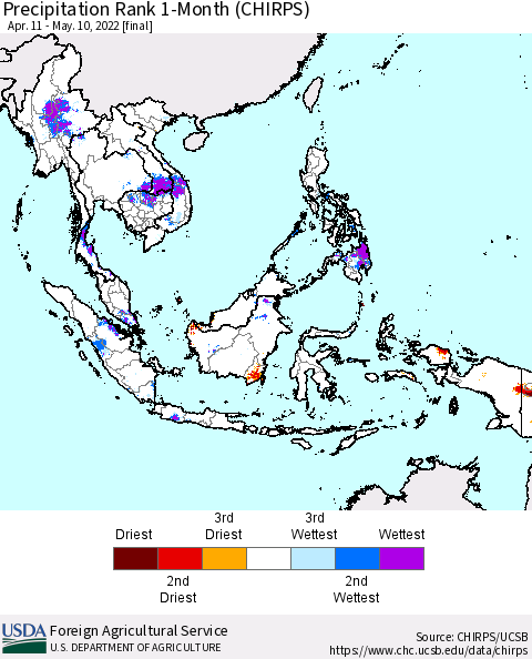 South East Asia Precipitation Rank since 1981, 1-Month (CHIRPS) Thematic Map For 4/11/2022 - 5/10/2022