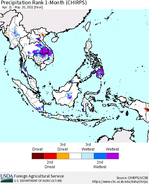 South East Asia Precipitation Rank since 1981, 1-Month (CHIRPS) Thematic Map For 4/21/2022 - 5/20/2022