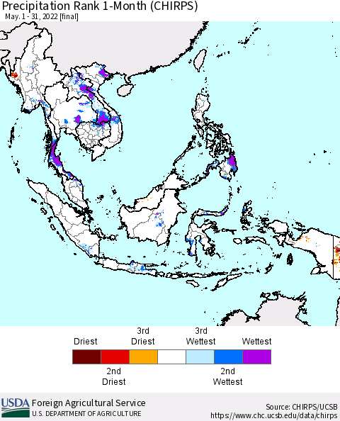 South East Asia Precipitation Rank since 1981, 1-Month (CHIRPS) Thematic Map For 5/1/2022 - 5/31/2022