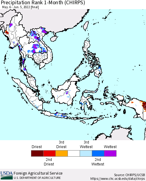 South East Asia Precipitation Rank since 1981, 1-Month (CHIRPS) Thematic Map For 5/6/2022 - 6/5/2022