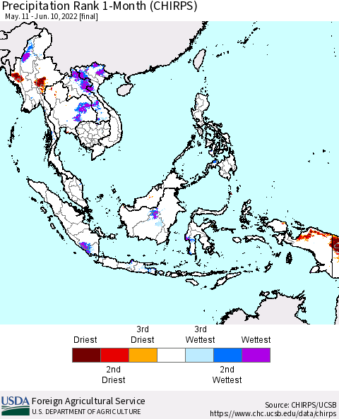 South East Asia Precipitation Rank since 1981, 1-Month (CHIRPS) Thematic Map For 5/11/2022 - 6/10/2022