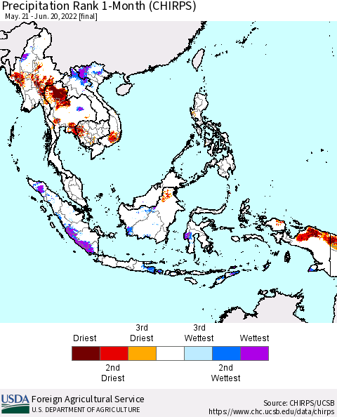 South East Asia Precipitation Rank since 1981, 1-Month (CHIRPS) Thematic Map For 5/21/2022 - 6/20/2022