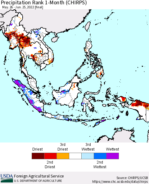 South East Asia Precipitation Rank since 1981, 1-Month (CHIRPS) Thematic Map For 5/26/2022 - 6/25/2022