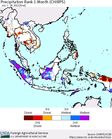 South East Asia Precipitation Rank since 1981, 1-Month (CHIRPS) Thematic Map For 6/1/2022 - 6/30/2022