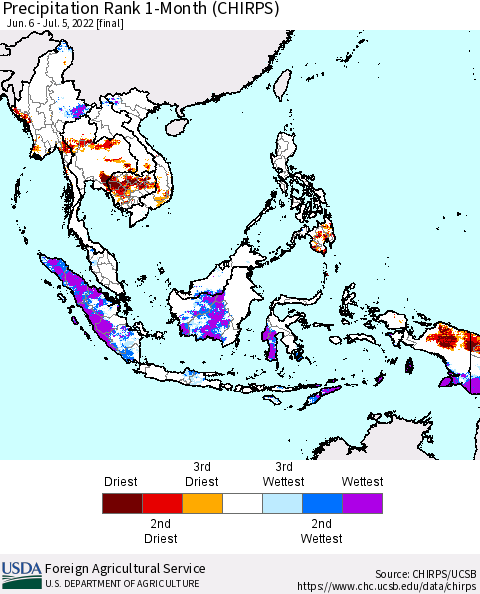 South East Asia Precipitation Rank since 1981, 1-Month (CHIRPS) Thematic Map For 6/6/2022 - 7/5/2022