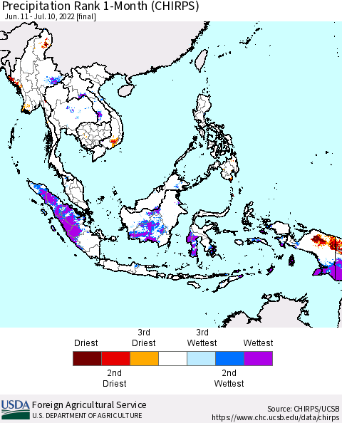 South East Asia Precipitation Rank since 1981, 1-Month (CHIRPS) Thematic Map For 6/11/2022 - 7/10/2022