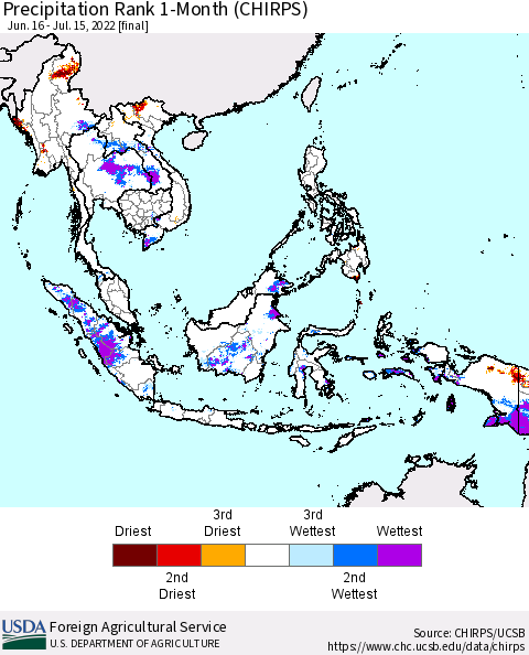 South East Asia Precipitation Rank since 1981, 1-Month (CHIRPS) Thematic Map For 6/16/2022 - 7/15/2022